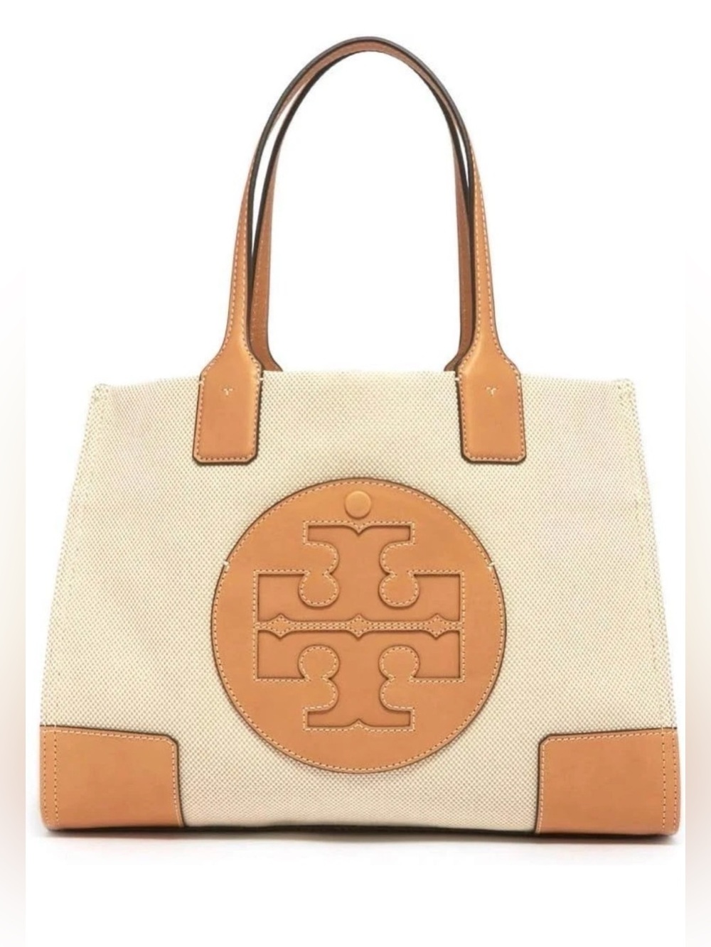 Tory Burch Ella  Cream Canvas Tote with Tan Leather Trim and Logo medium